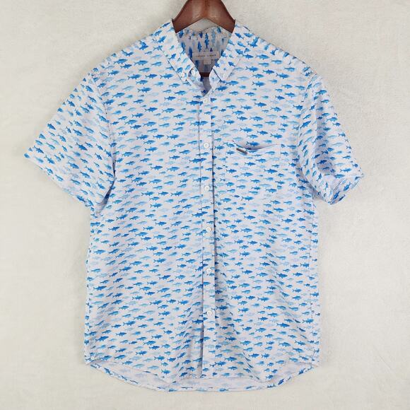 Vintage Summer Fish Shirt Men L Lightweight Short Sleeve Button Up w/ Pocket - Picture 1 of 7